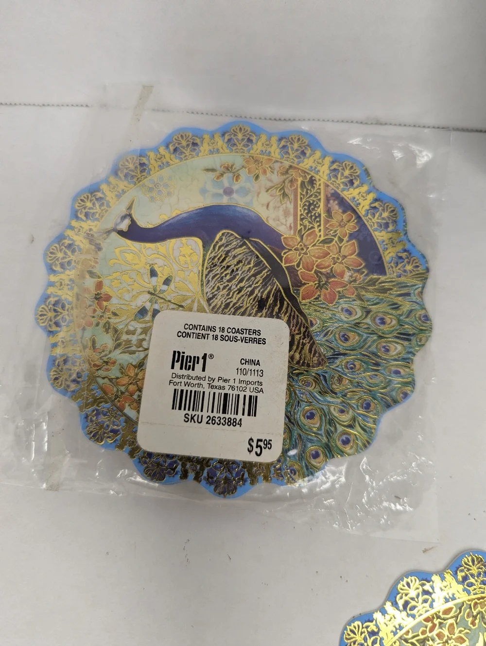 Pier 1 Peacock 4 Foil Glass App Plates Set And 15 Pc Die Cut Coasters Set Bundle